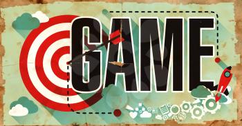 Game Concept on Old Poster in Flat Design with Red Target, Rocket and Arrow. Business Concept.