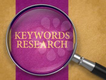 Keywords Research Concept through Magnifier on Old Paper with Dark Lilac Vertical Line Background.