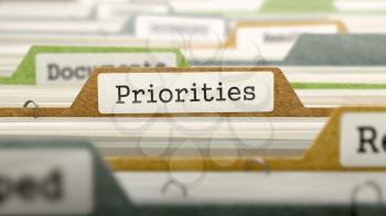 Priorities Concept on File Label in Multicolor Card Index. Closeup View. Selective Focus. 