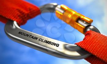 Chrome Carabiner between Red Ropes on Sky Background, Symbolizing the Mountain Climbing. Selective Focus.
