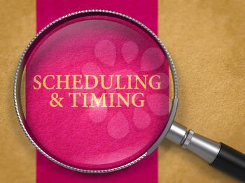 Scheduling and Timing Concept through Magnifier on Old Paper with Lilac Vertical Line Background.