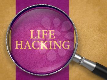 Life Hacking through Lens on Old Paper with Dark Lilac Vertical Line Background.