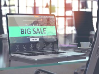 Big Sale Concept Closeup on Laptop Screen in Modern Office Workplace. Toned Image with Selective Focus. 3d Illustration.