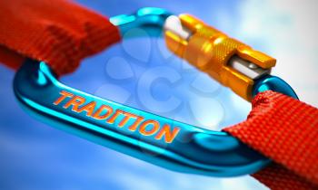 Blue Carabiner between Red Ropes on Sky Background, Symbolizing the Tradition. Selective Focus. 3d Illustration.