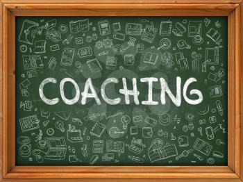 Hand Drawn Coaching on Green Chalkboard. Hand Drawn Doodle Icons Around Chalkboard. Modern Illustration with Line Style.