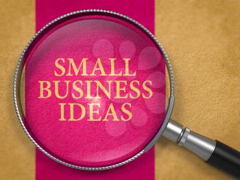 Small Business Ideas Concept through Magnifier on Old Paper with Lilac Vertical Line Background.