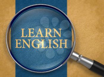 Learn English through Magnifying Glass on Old Paper with Dark Blue Vertical Line Background.