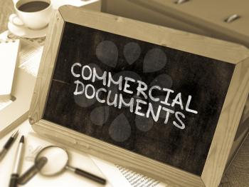 Commercial Documents Handwritten by White Chalk on a Blackboard. Composition with Small Chalkboard on Background of Working Table with Office Folders, Stationery, Reports. Blurred Background. Toned Im