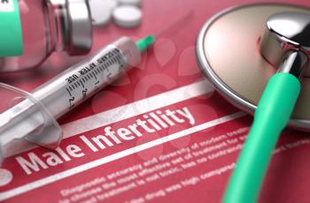 Male Infertility - Medical Concept with Blurred Text, Stethoscope, Pills and Syringe on Red Background. Selective Focus.