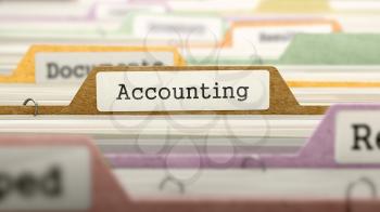 Accounting - Folder Register Name in Directory. Colored, Blurred Image. Closeup View. 3d Render.