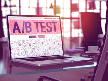 AB Test Concept. Closeup Landing Page on Laptop Screen in Doodle Design Style. On Background of Comfortable Working Place in Modern Office. Blurred, Toned Image. 3d Render.