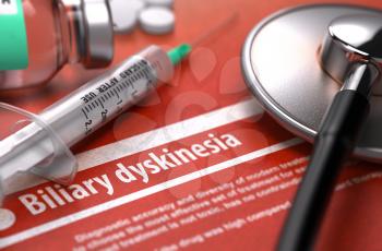 Diagnosis - Biliary dyskinesia. Medical Concept on Orange Background with Blurred Text and Composition of Pills, Syringe and Stethoscope. Selective Focus. 3d Render.