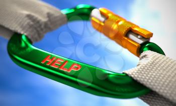 Green Carabiner between White Ropes on Sky Background, Symbolizing the Help. Selective Focus. 3d Render.