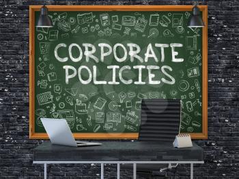 Green Chalkboard with the text Corporate Policies Hangs on the Dark Brick Wall in the Interior of a Modern Office. Illustration with Doodle Style Elements. 3D.