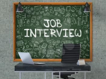 Hand Drawn Job Interview on Green Chalkboard. Modern Office Interior. Gray Concrete Wall Background. Business Concept with Doodle Style Elements. 3D.