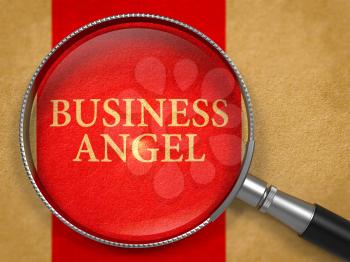 Business Angel through Loupe on Old Paper with Red Vertical Line Background. 3d Render.