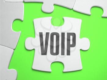 VoIP - Voice over Internet Protocol - Jigsaw Puzzle with Missing Pieces. Bright Green Background. Closeup. 3d Illustration.