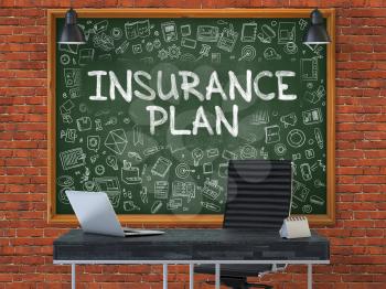 Insurance Plan - Handwritten Inscription by Chalk on Green Chalkboard with Doodle Icons Around. Business Concept in the Interior of a Modern Office on the Red Brick Wall Background. 3D.