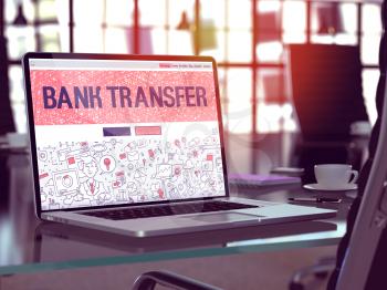 Bank Transfer Concept - Closeup on Landing Page of Laptop Screen in Modern Office Workplace. Toned Image with Selective Focus. 3d Render.