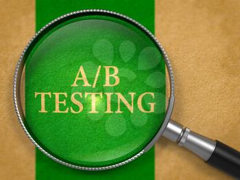 AB Testing through Lens on Old Paper with Green Vertical Line Background. 3d Render.