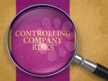 Controlling Company Risks through Lens on Old Paper with Dark Lilac Vertical Line Background. 3d Render.