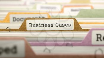 File Folder Labeled as Business Cases in Multicolor Archive. Closeup View. Blurred Image. 3d Render.