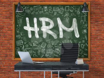 Hand Drawn HRM - Human Resources Management - on Green Chalkboard. Modern Office Interior . Red Brick Wall Background. Business Concept with Doodle Style Elements. 3D.