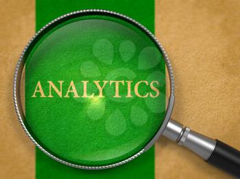 Analytics through Magnifying Glass on Old Paper with Green Vertical Line Background. 3d Render.
