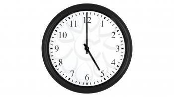 Realistic 3D render of a wall clock set at 5 o'clock, isolated on a white background.