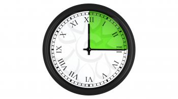 Wall clock with Roman numerals showing a 15 minutes green time interval, isolated on a white background. Realistic 3D computer generated image.