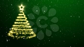 Golden lights Christmas tree with a star treetopper. Green background with snowflakes.