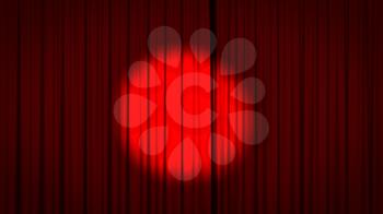 Red stage curtain with a spotlight in the center. 3D render.