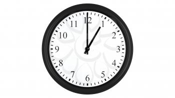 Realistic 3D render of a wall clock set at 1 o'clock, isolated on a white background.