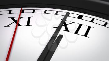 Close-up of a clock with Roman numerals, several seconds before striking twelve o'clock. Realistic 3D computer generated image.