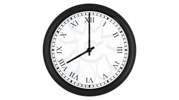 Realistic 3D render of a wall clock with Roman numerals set at 8 o'clock, isolated on a white background.