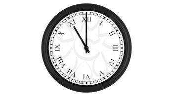 Realistic 3D render of a wall clock with Roman numerals set at 11 o'clock, isolated on a white background.