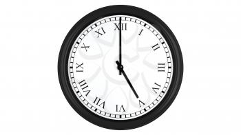 Realistic 3D render of a wall clock with Roman numerals set at 5 o'clock, isolated on a white background.