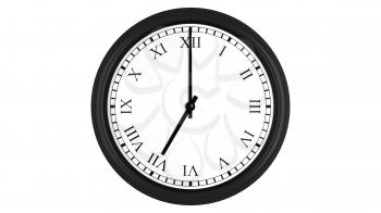 Realistic 3D render of a wall clock with Roman numerals set at 7 o'clock, isolated on a white background.