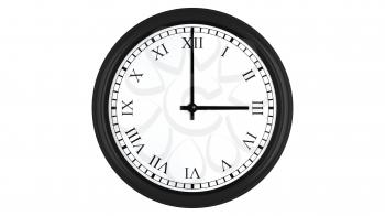 Realistic 3D render of a wall clock with Roman numerals set at 3 o'clock, isolated on a white background.