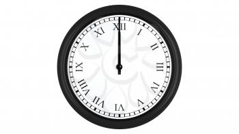 Realistic 3D render of a wall clock with Roman numerals set at 12 o'clock, isolated on a white background.