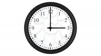 Realistic 3D render of a wall clock set at 3 o'clock, isolated on a white background.