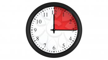 Wall clock showing a 15 minutes red time interval, isolated on a white background. Realistic 3D computer generated image.
