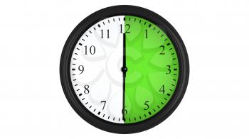 Wall clock showing a 30 minutes green time interval, isolated on a white background. Realistic 3D computer generated image.