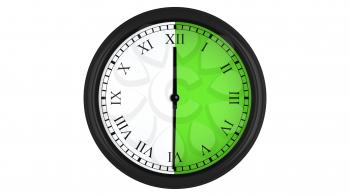 Wall clock with Roman numerals showing a 30 minutes green time interval, isolated on a white background. Realistic 3D computer generated image.