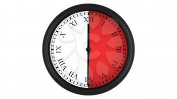 Wall clock with Roman numerals showing a 30 minutes red time interval, isolated on a white background. Realistic 3D computer generated image.