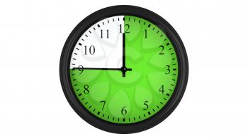 Wall clock showing a 45 minutes green time interval, isolated on a white background. Realistic 3D computer generated image.