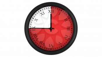 Wall clock with Roman numerals showing a 45 minutes red time interval, isolated on a white background. Realistic 3D computer generated image.