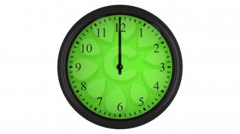 Wall clock showing a 60 minutes green time interval, isolated on a white background. Realistic 3D computer generated image.