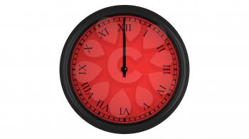 Wall clock with Roman numerals showing a 60 minutes red time interval, isolated on a white background. Realistic 3D computer generated image.