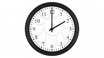 Realistic 3D render of a wall clock set at 2 o'clock, isolated on a white background.